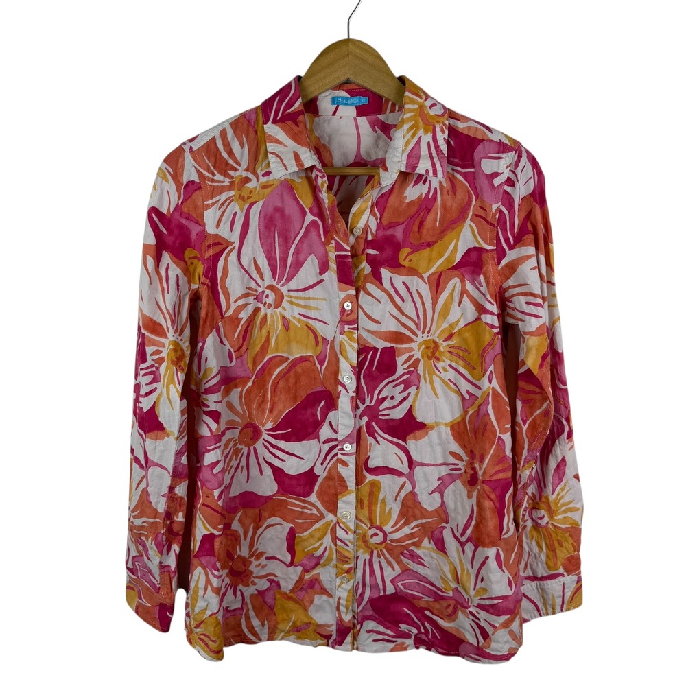 J McLaughlin Floral Button Down Shirt XS Multicolor Stretch Lightweight Preppy